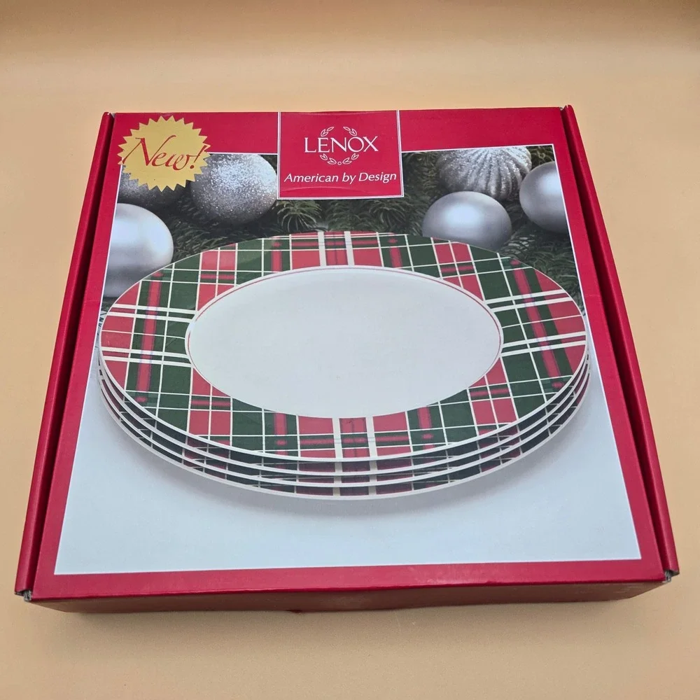 Lenox Vintage Plaid Dinner‎ Plates Set of 4 Red Green Winter Holiday 870676